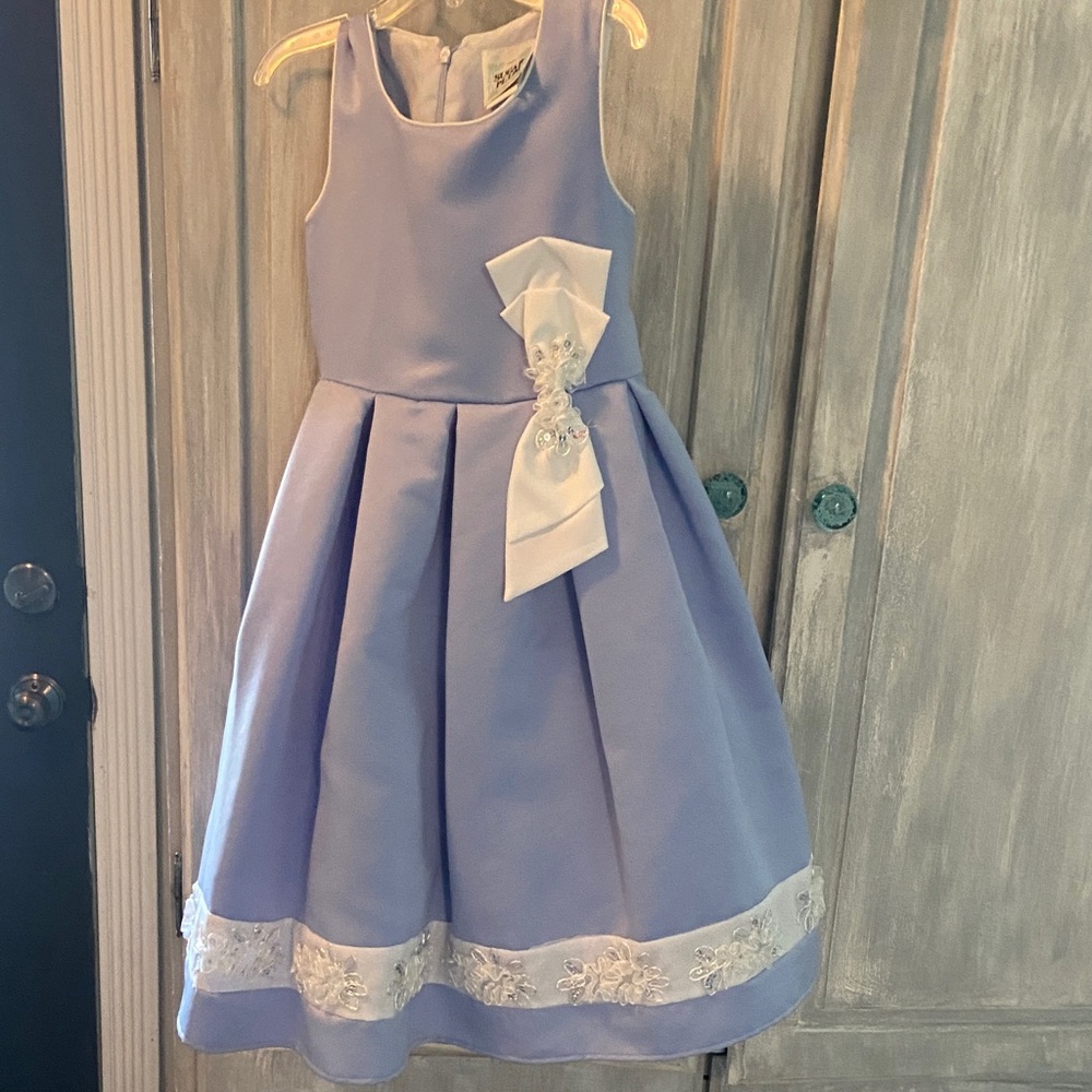 Sugar Plum Periwinkle Blue Party Dress with Bow  & Sequined flower trim- Girls 5